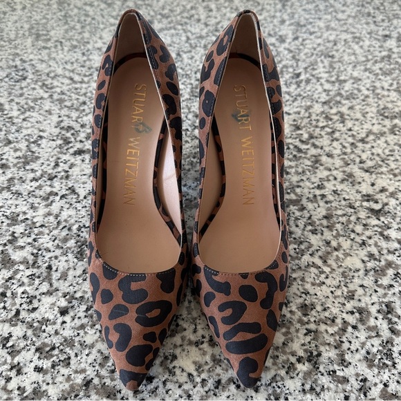 STUART WEITZMAN Cappuccino Ghepardo Suede Leopard Print Pointed Toe Block Heel 6 - Picture 4 of 8